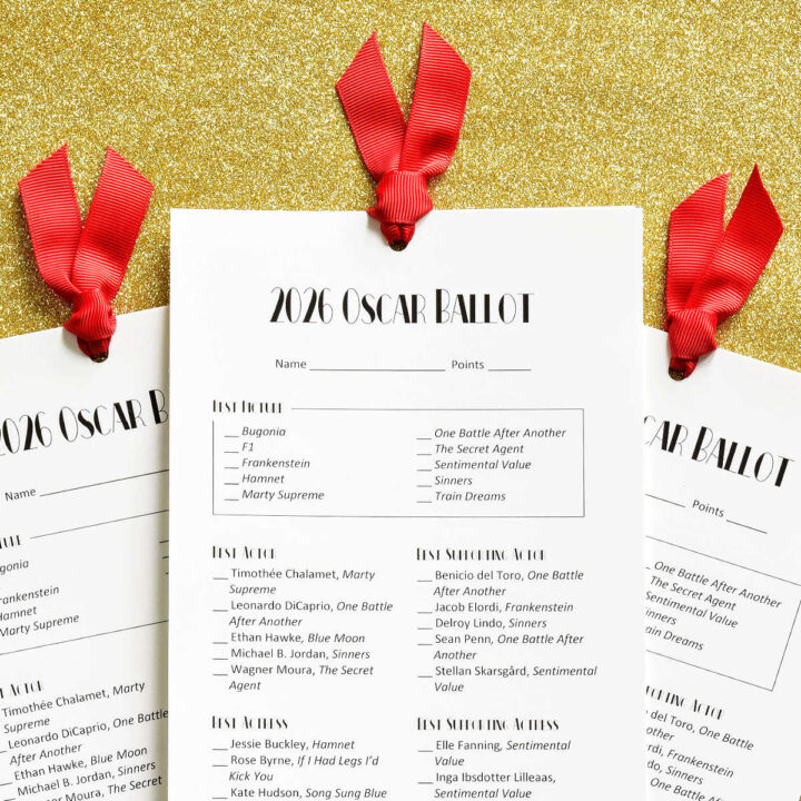 The 2026 Oscar Ballot Printables displayed on gold glitter paper.