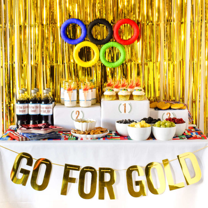 A table decorated for an Olympic Theme Party.