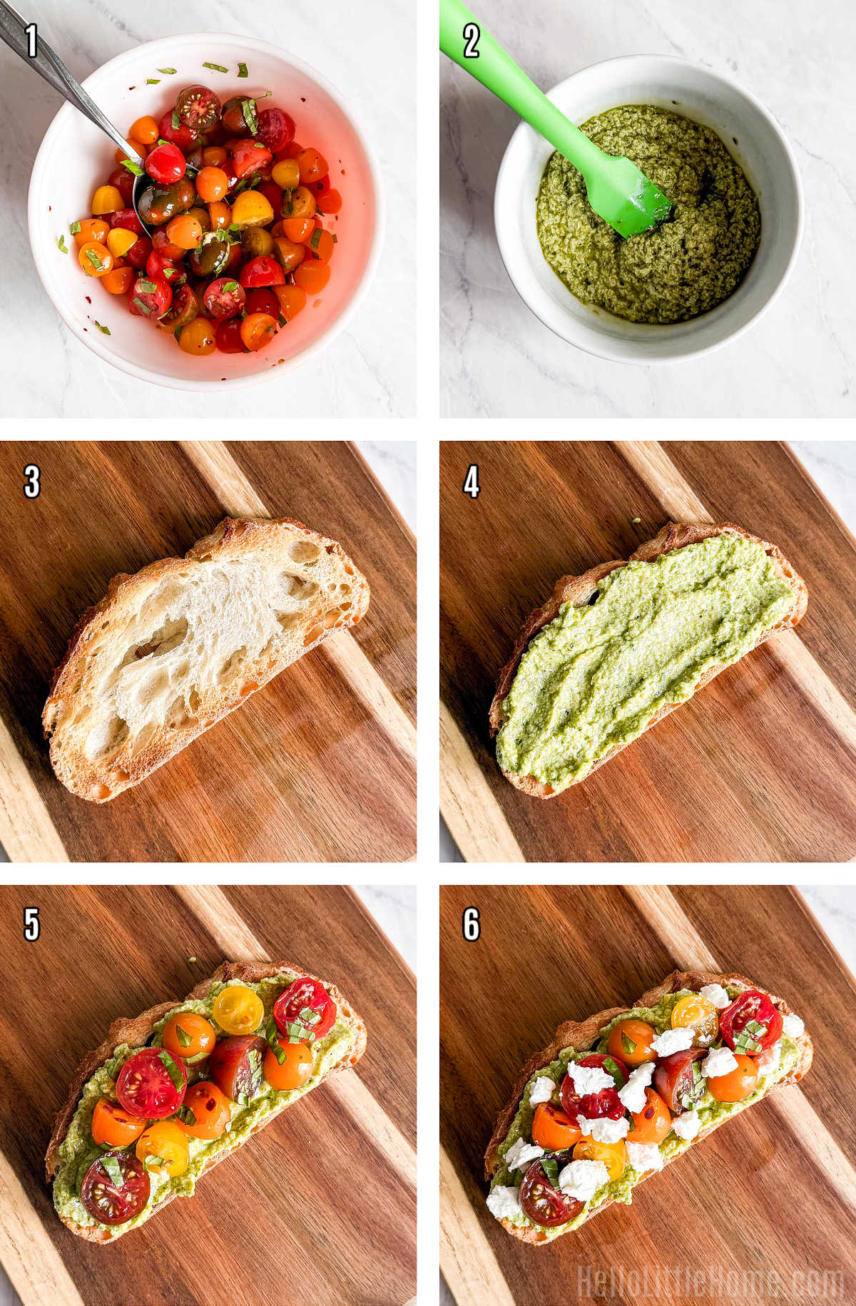 A photo collage showing how to make Ricotta Pesto Toast step by step.