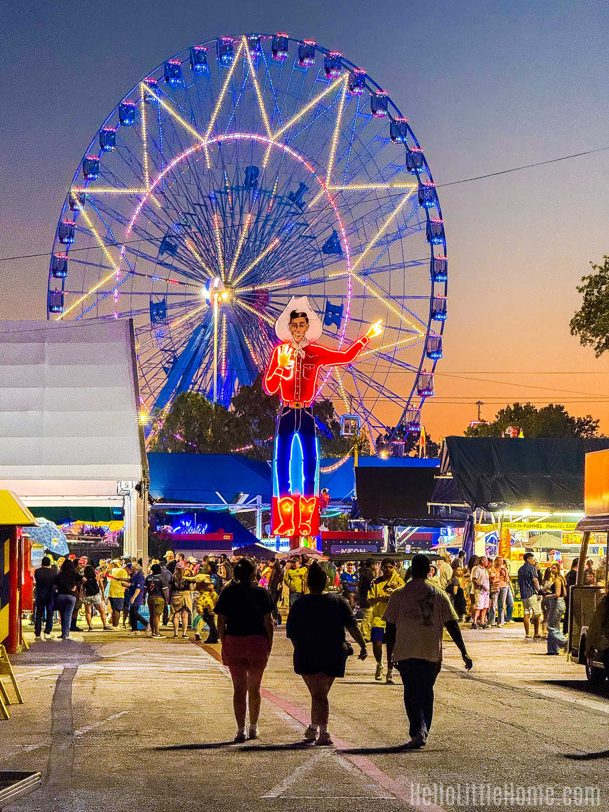 Three people walking towards the ferris wheel at the Texas State Fair.