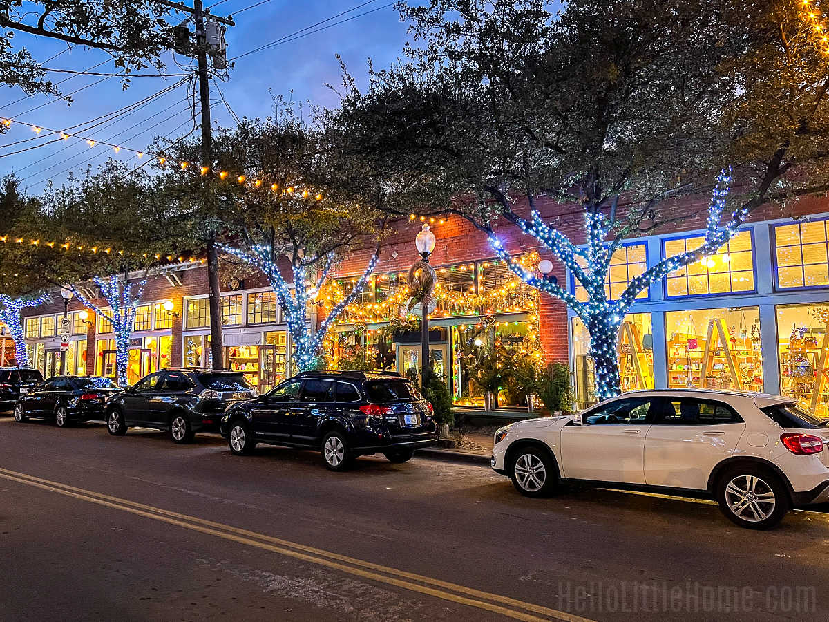Businesses in the Bishop Arts District lit up at night.