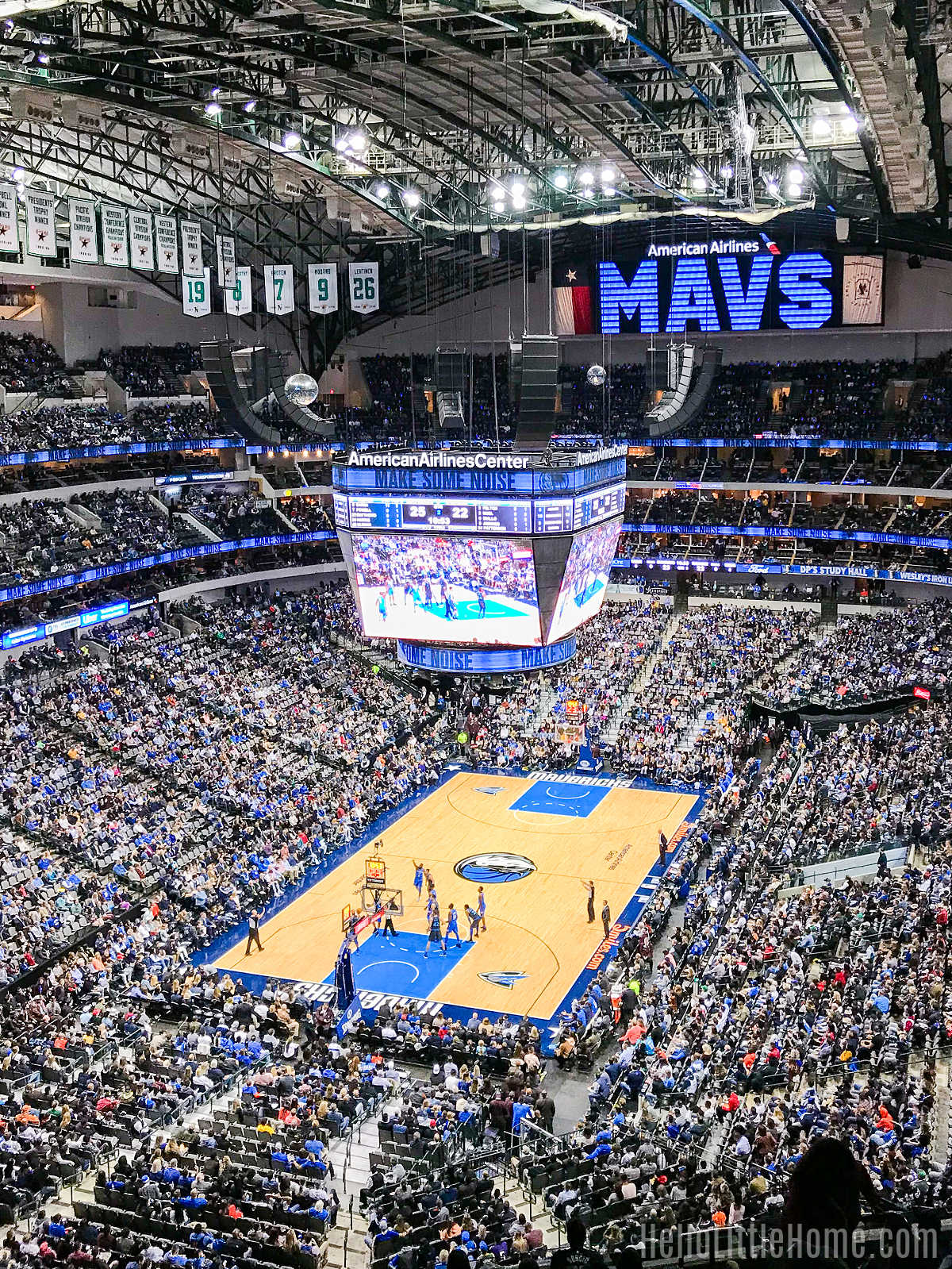 A bird's eye view of a Dallas Mavs basketball game.