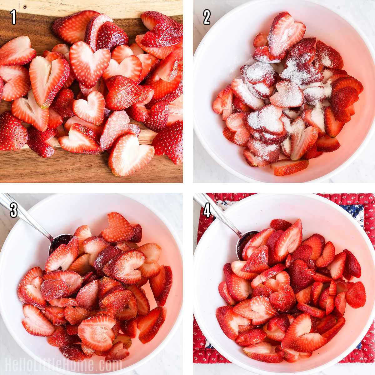 A photo collage showing how to macerate strawberries step-by-step.