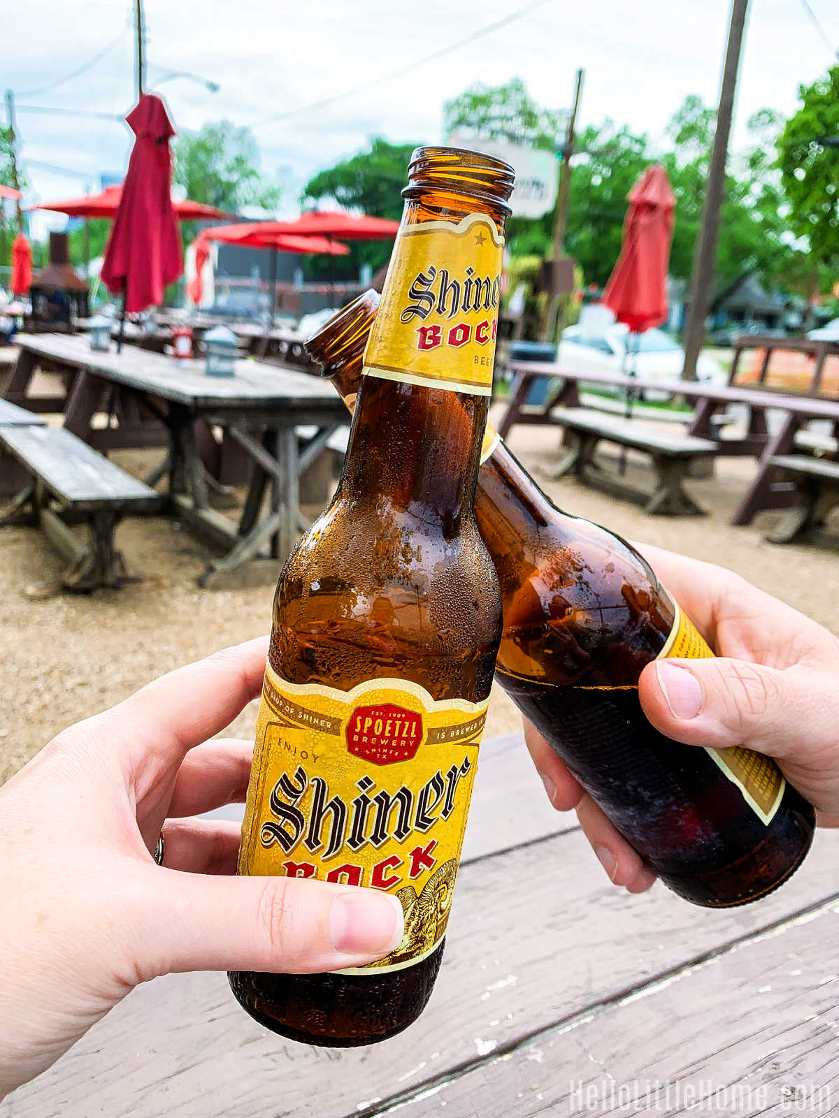 Two people clinking beers at Lee Harvey's.