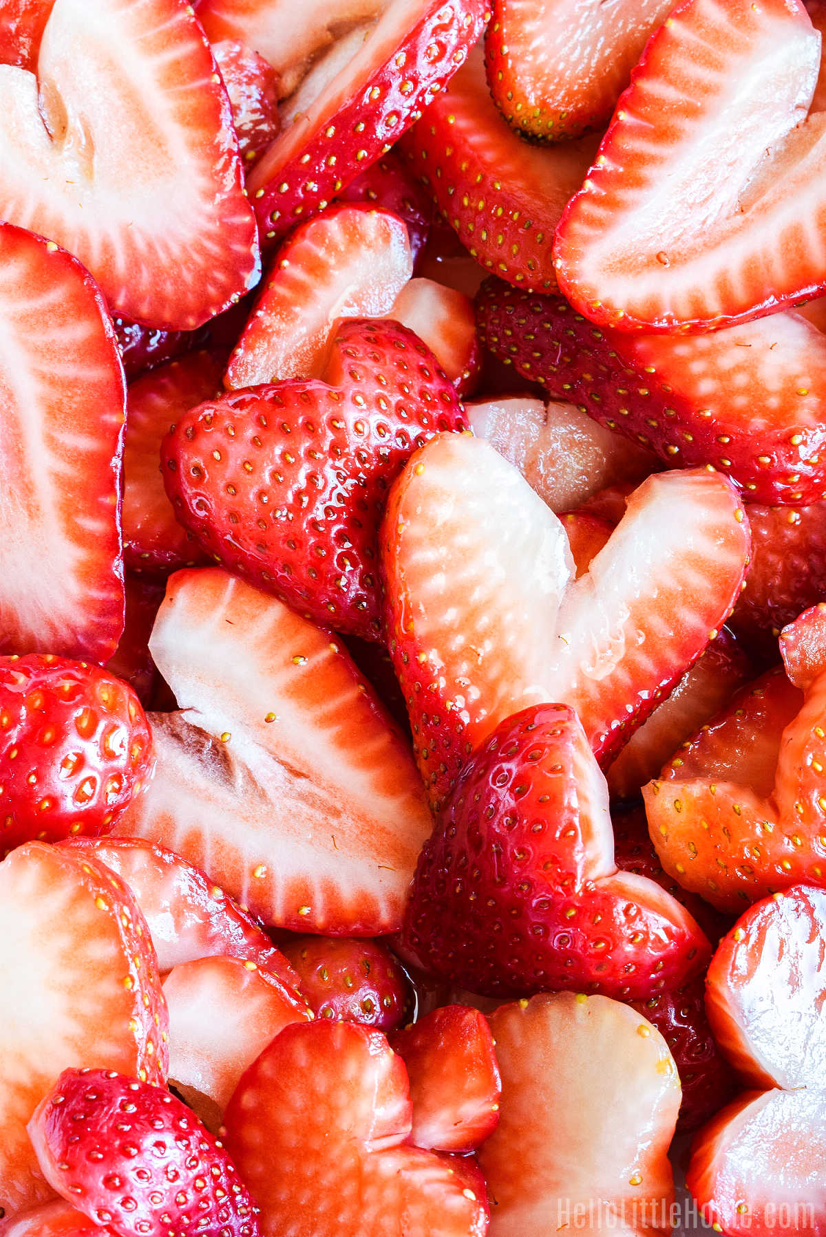 A closeup of the homemade sweetened strawberries.