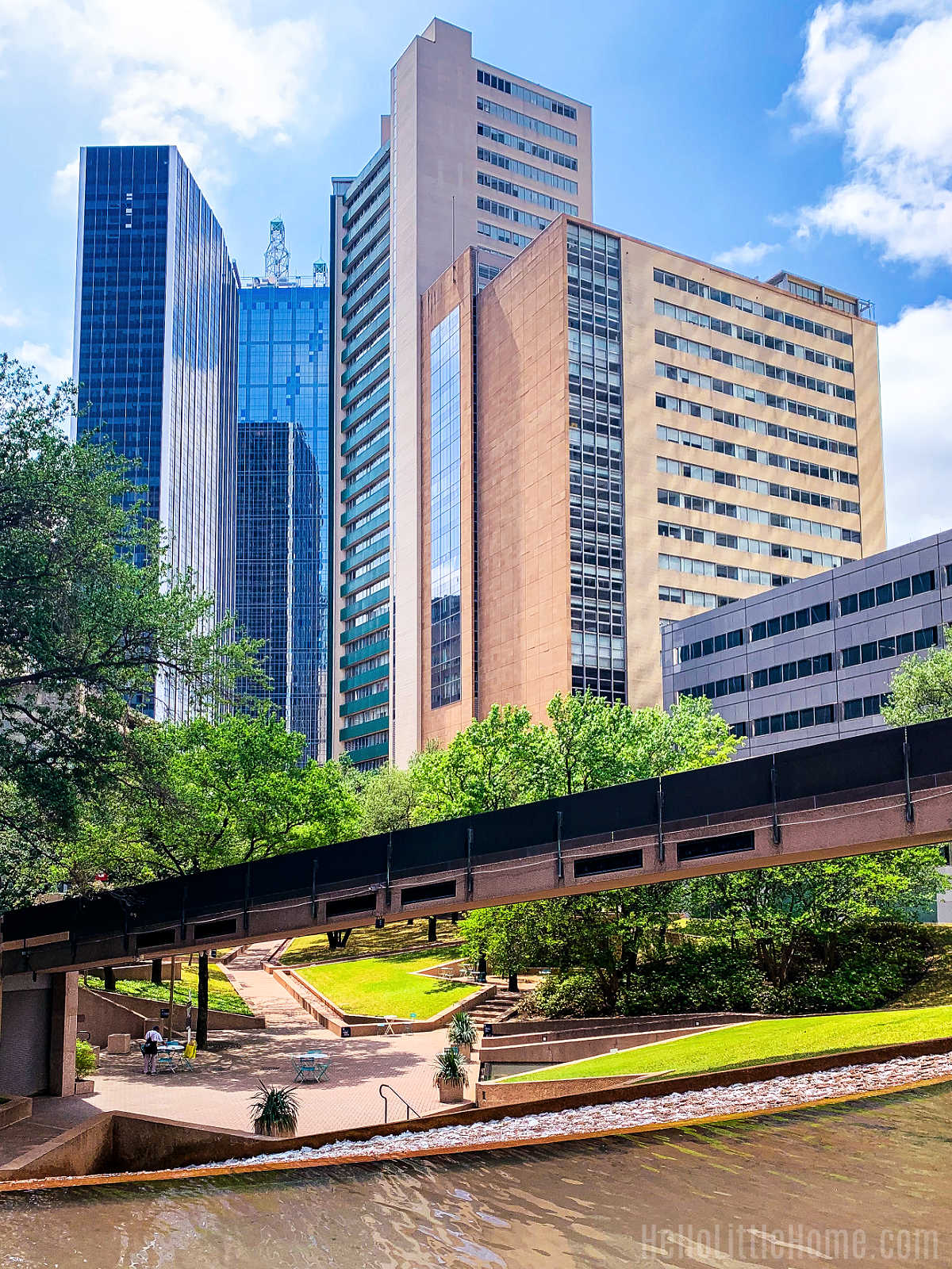Thanksgiving Square surrounded by skyscrapers in Downtown Dallas.