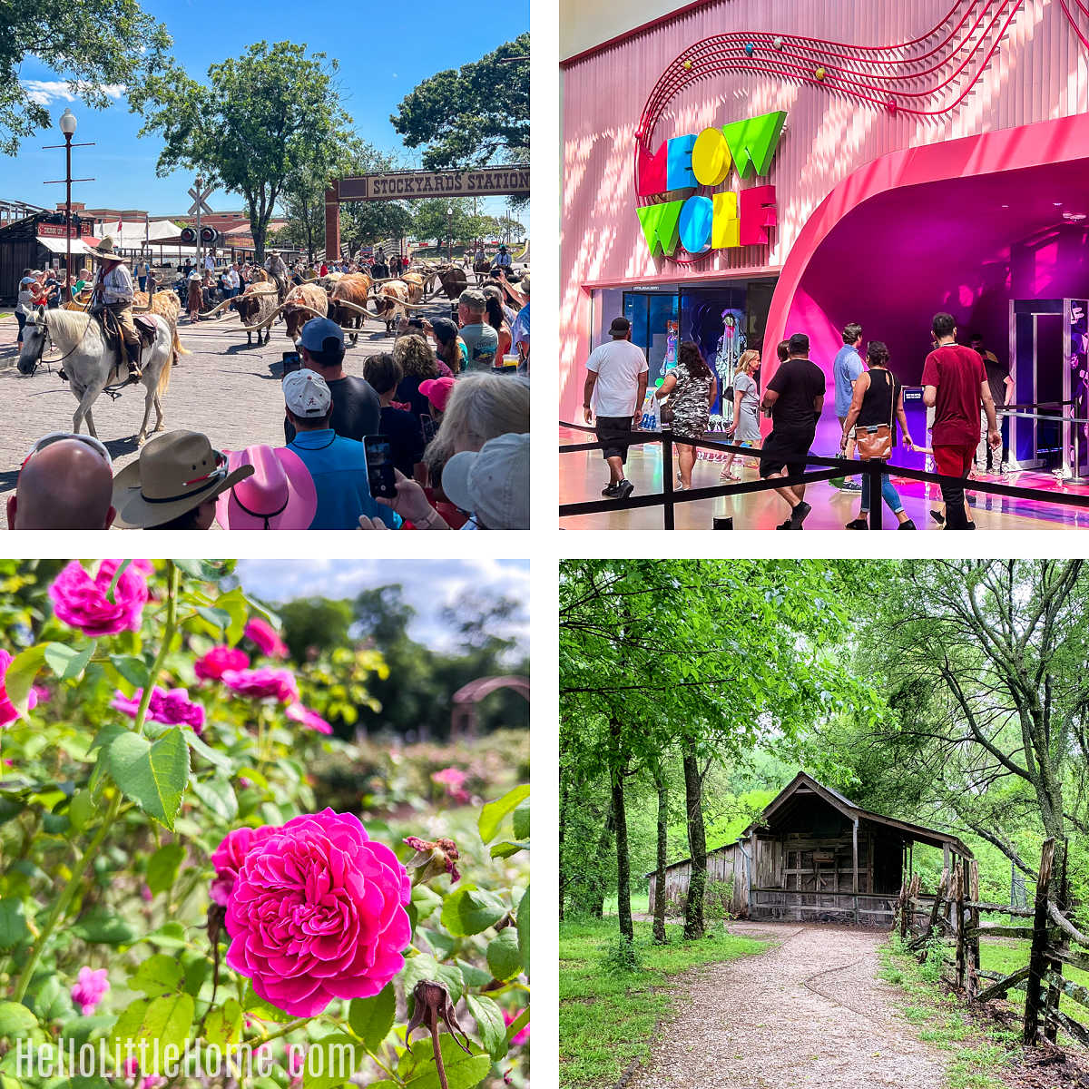 A collage showing different things to do in the Dallas-Fort Worth (DFW) area.