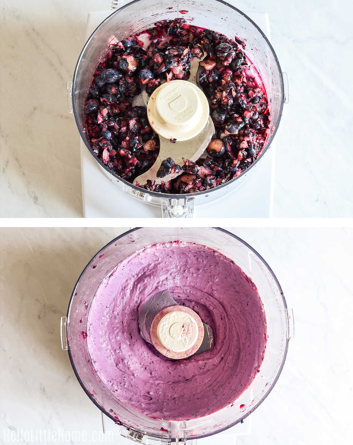 A photo collage showing how to make Blueberry Cream Cheese step by step.