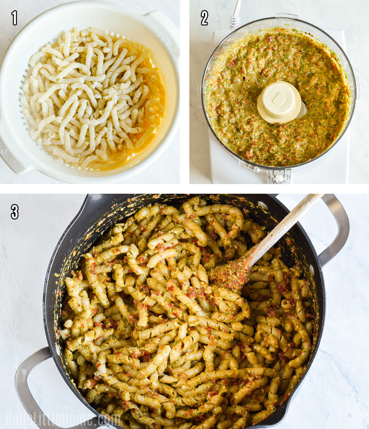 A photo collage showing how to make Busiate Trapanese step by step.