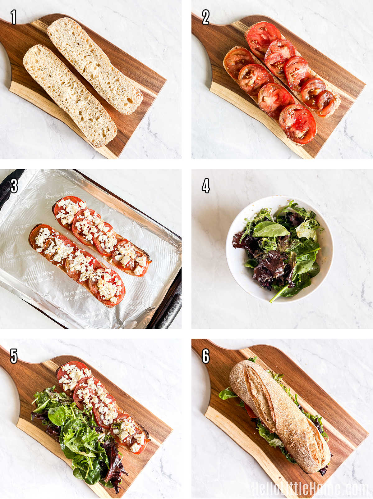 A photo collage showing how to make the feta cheese sandwich step by step.