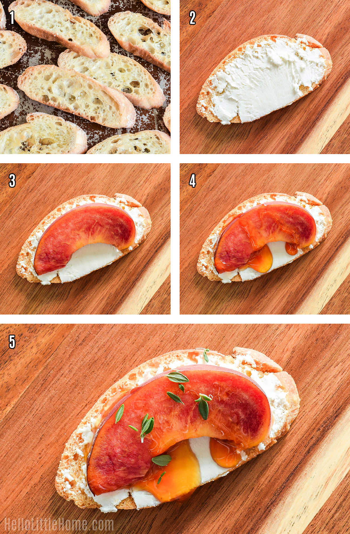 A photo collage showing how to make Fresh Peach Crostini step by step.