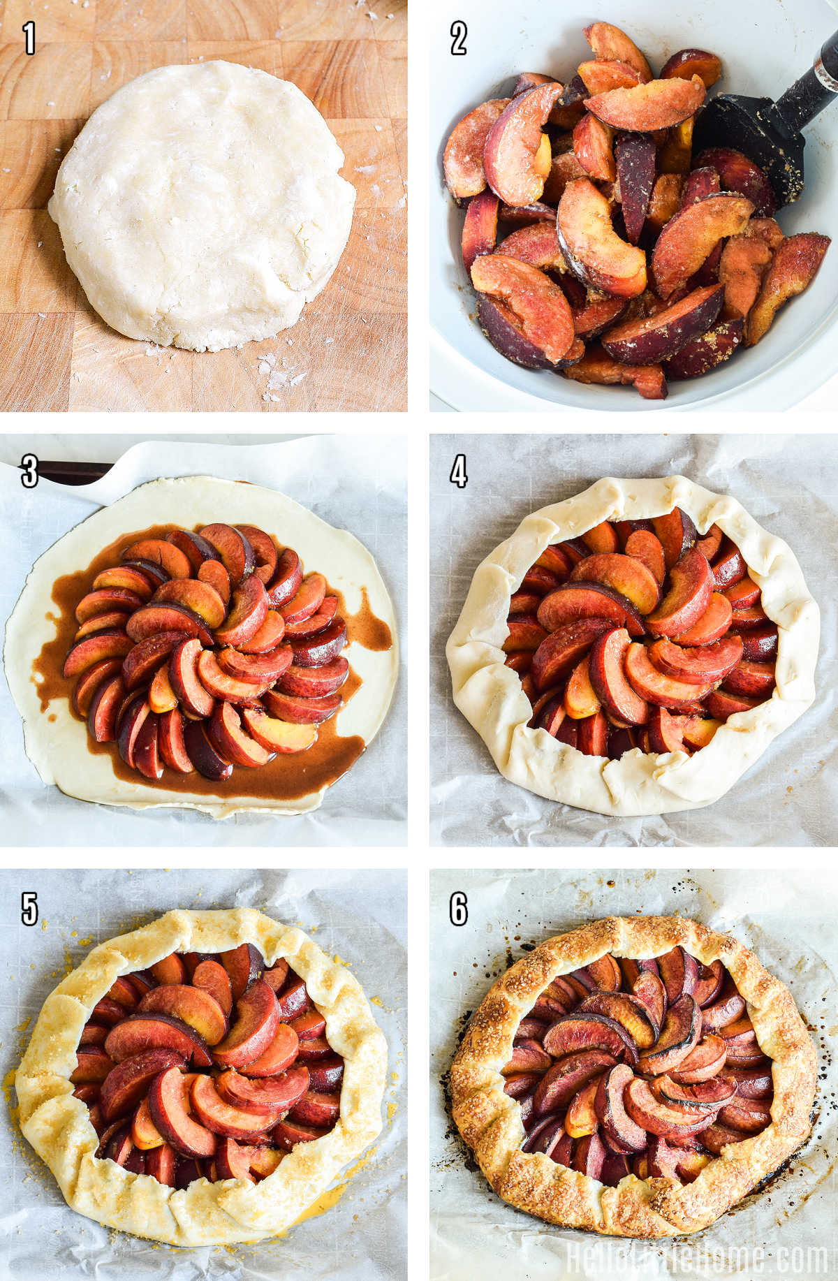 A photo collage showing how to make a fresh Peach Galette step by step.