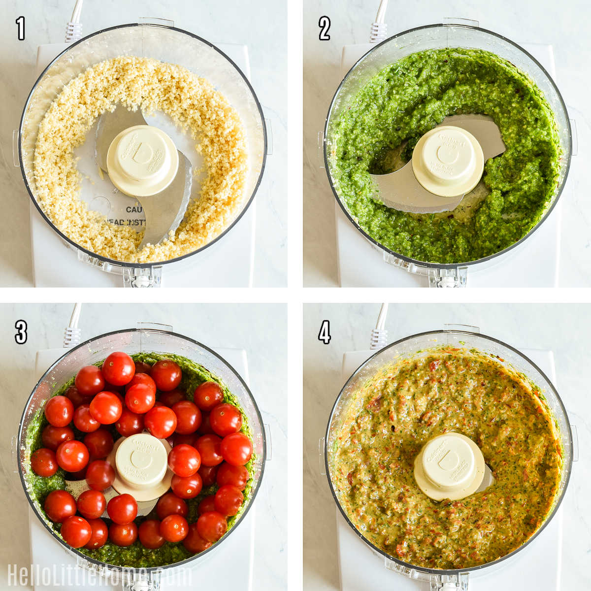 A photo collage showing how to make Trapanese Pesto step by step.