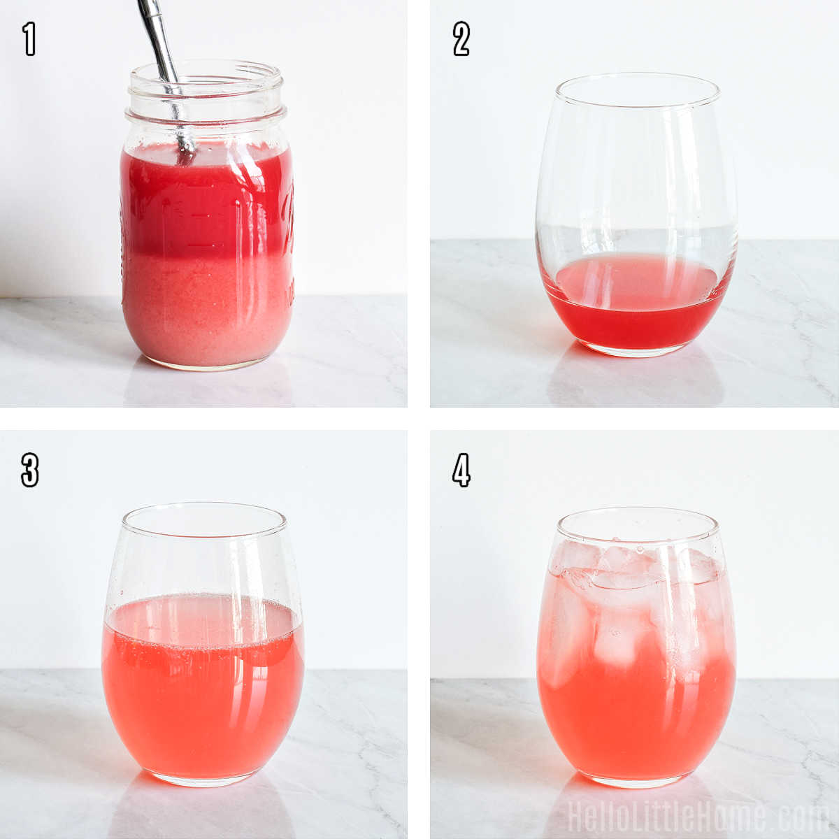 A photo collage showing how to make watermelon soda step by step.