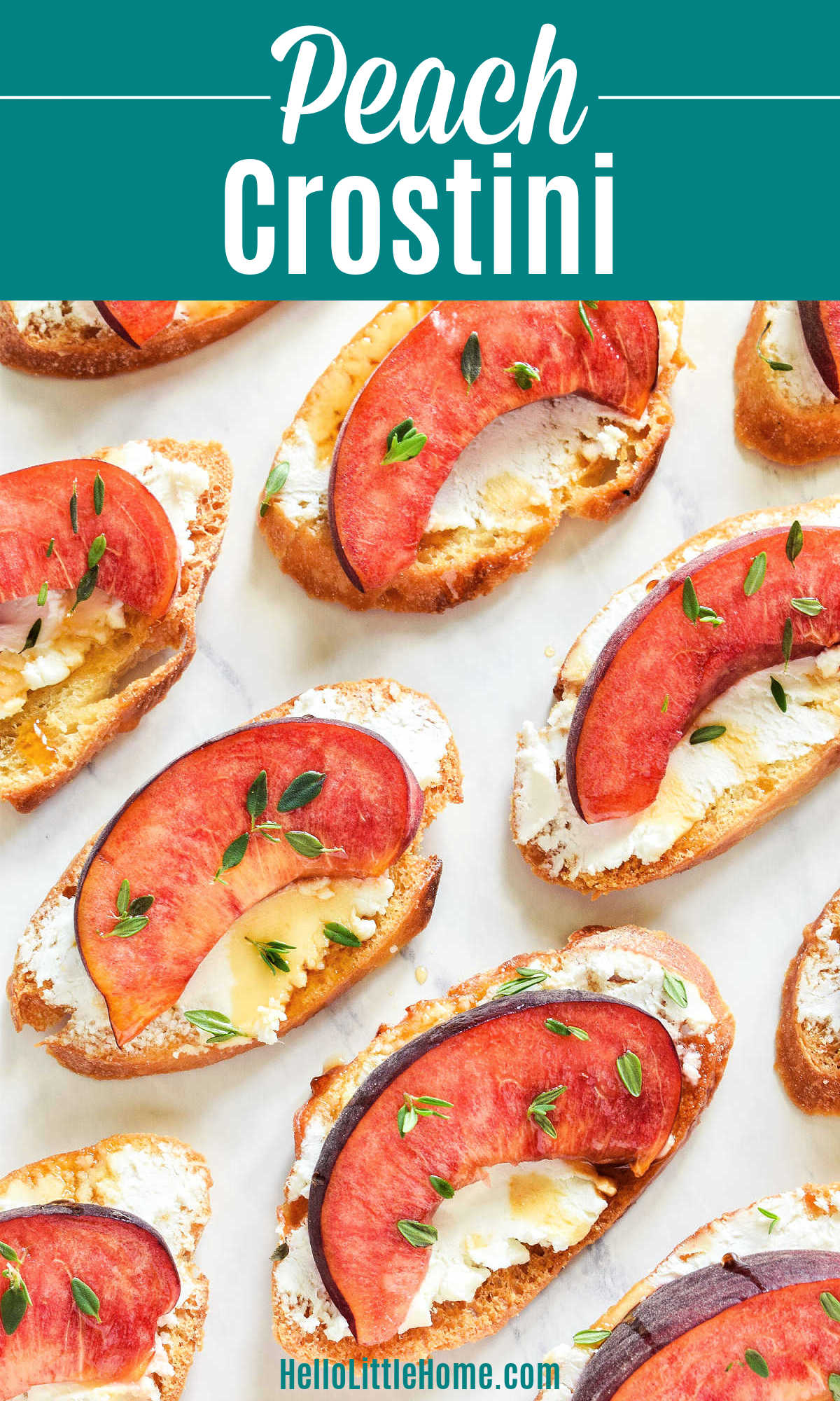 The Peach Crostini appetizer arranged on a marble counter.