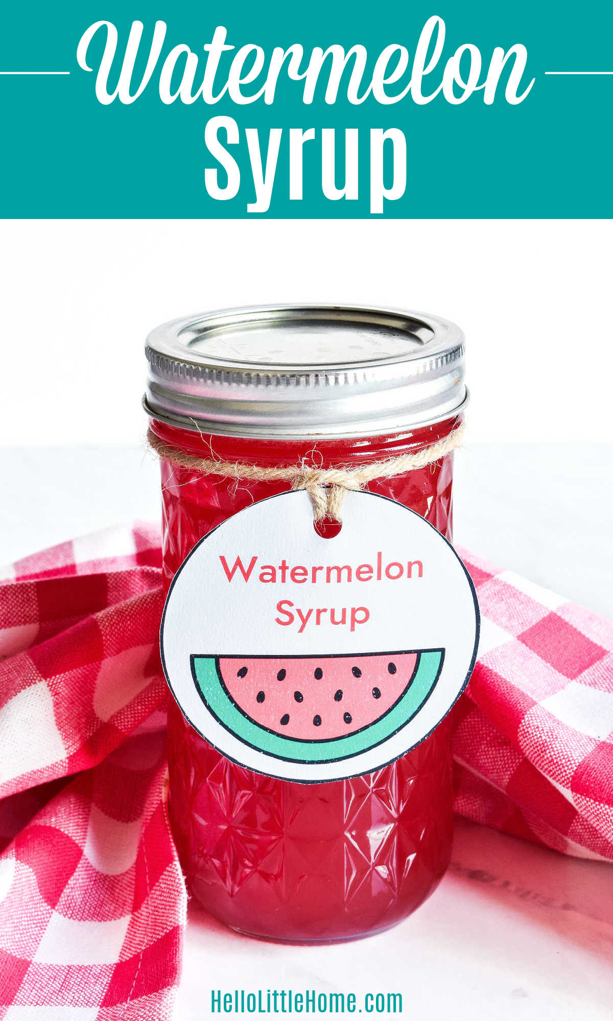 A jar of Watermelon Syrup and a checked napkin on a marble counter.