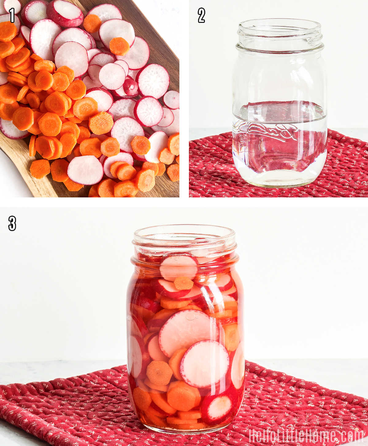 A photo collage showing how to make Pickled Carrots and Radishes step by step.