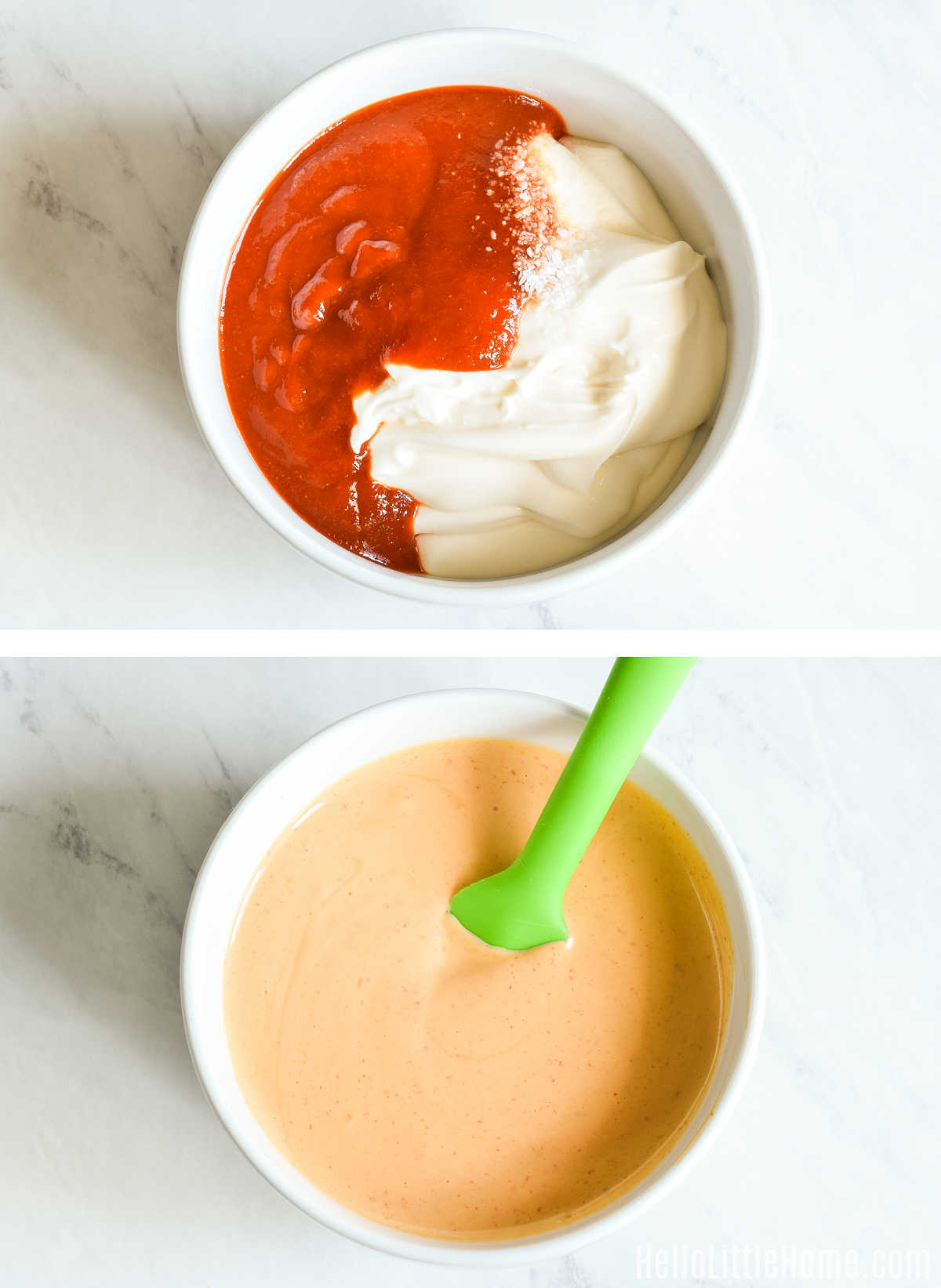 A photo collage showing how to make the easy Sriracha Mayo recipe.