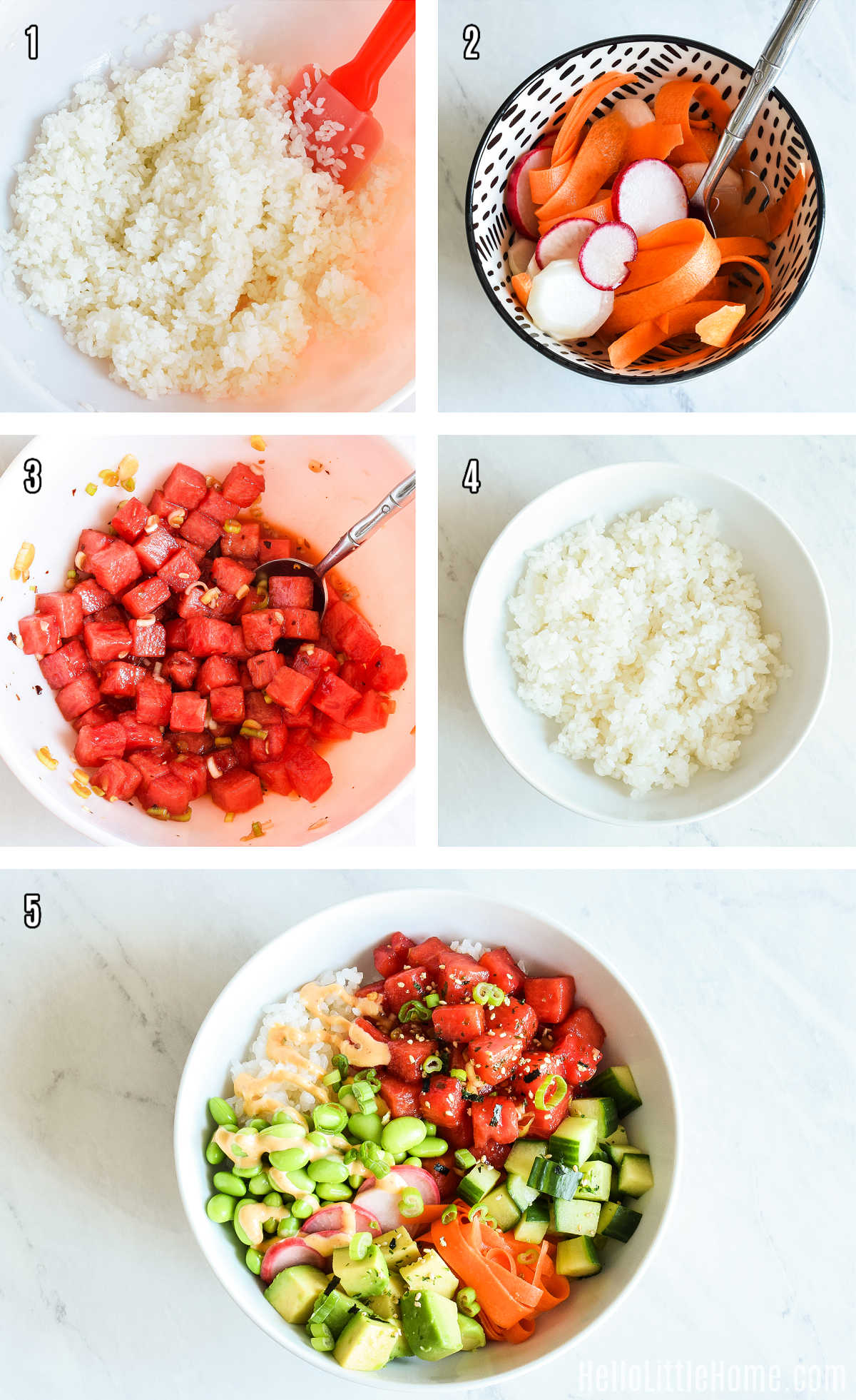 A photo collage showing how to make the Watermelon Poke Bowl step by step.