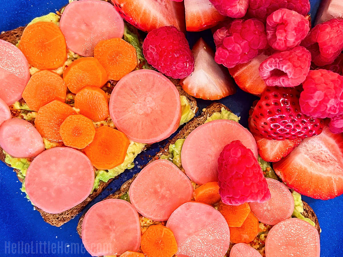 Avocado Toast topped with Carrot Radish Pickle.