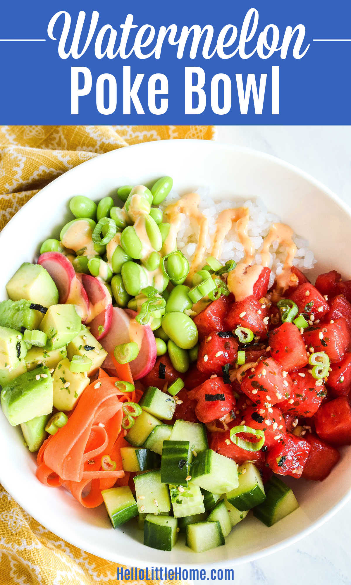 Closeup of a Watermelon Poke Bowl served with a yellow napkin.