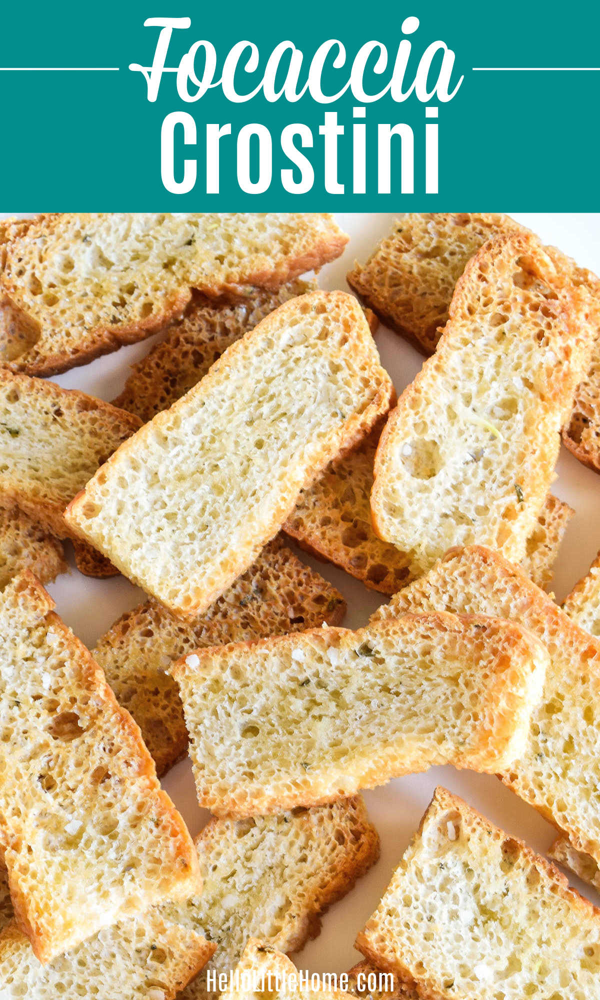 The finished Focaccia Crostini served on a white tray.