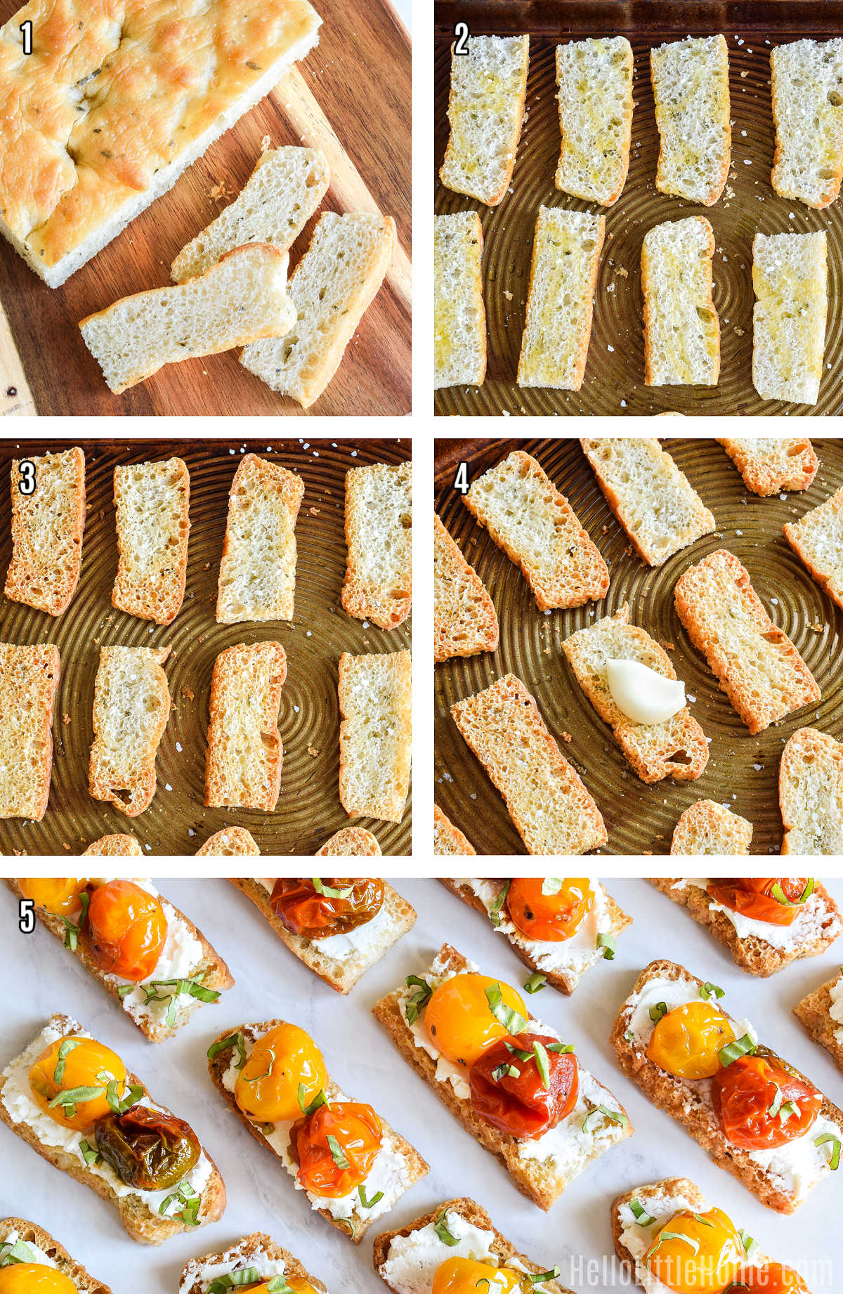 A photo collage showing how to make Focaccia Crostini step by step.