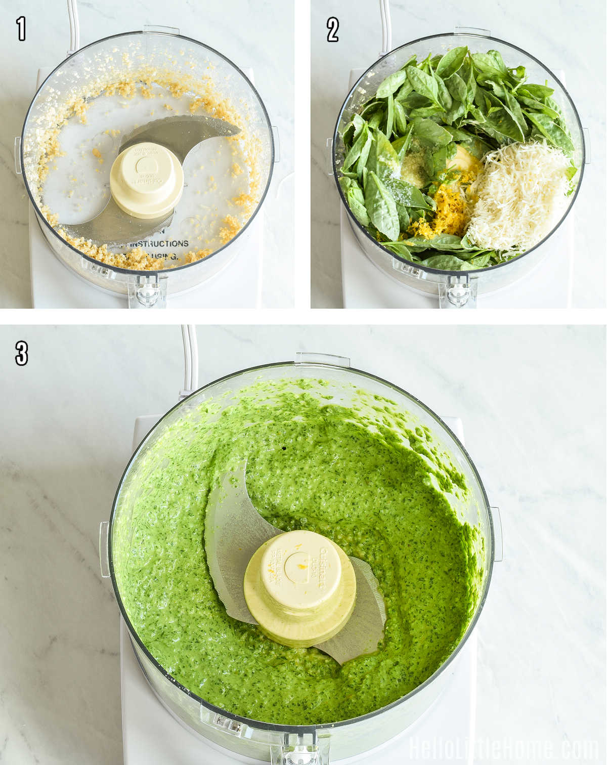 A photo collage showing how to make Low Cal Pesto step by step.