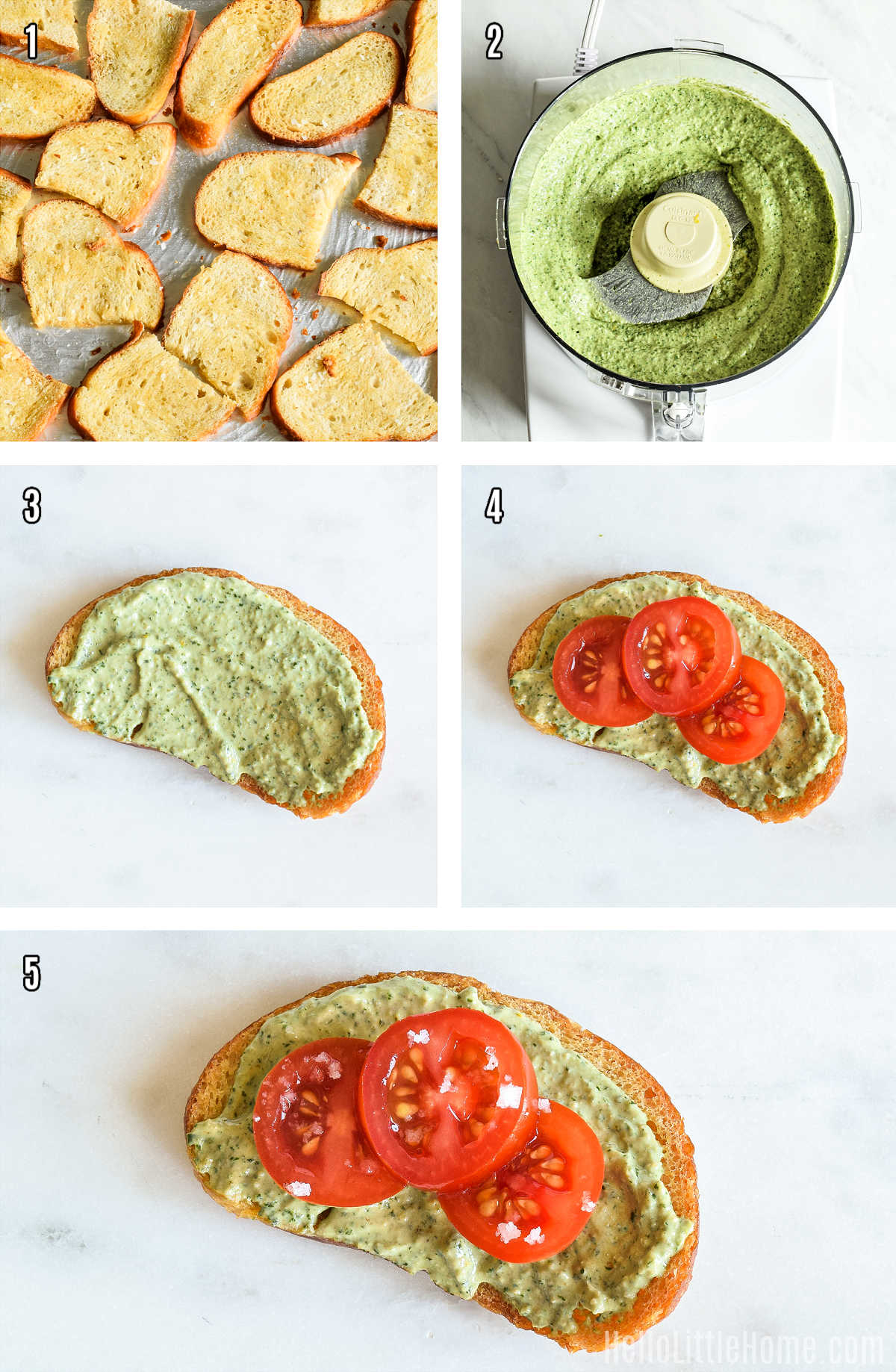 A photo collage showing how to make Pesto Ricotta Crostini step by step.