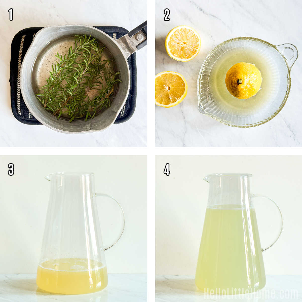 A photo collage showing how to make homemade Rosemary Lemonade step by step.