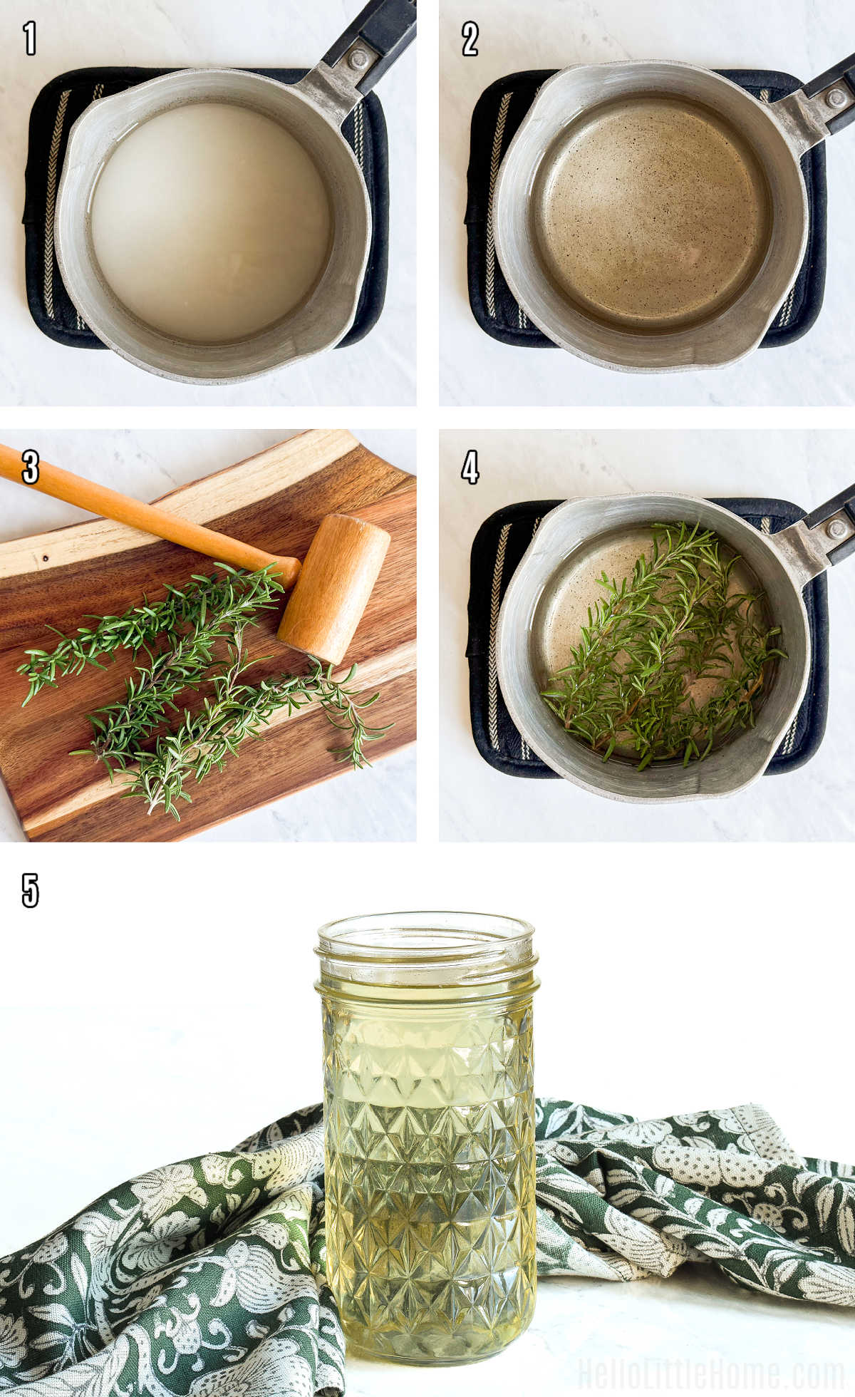 A photo collage showing how to make Rosemary Simple Syrup step by step.