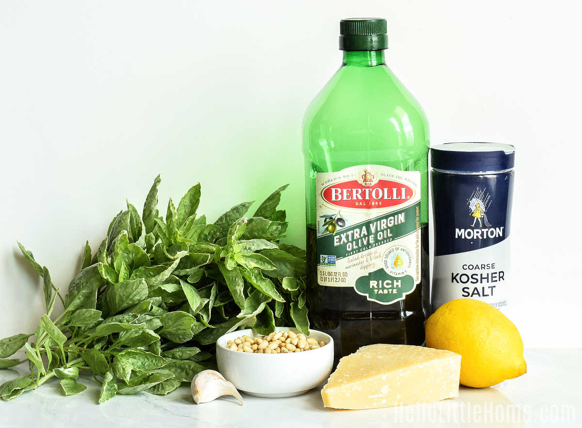 Low Calorie Pesto ingredients arranged together on a marble counter.