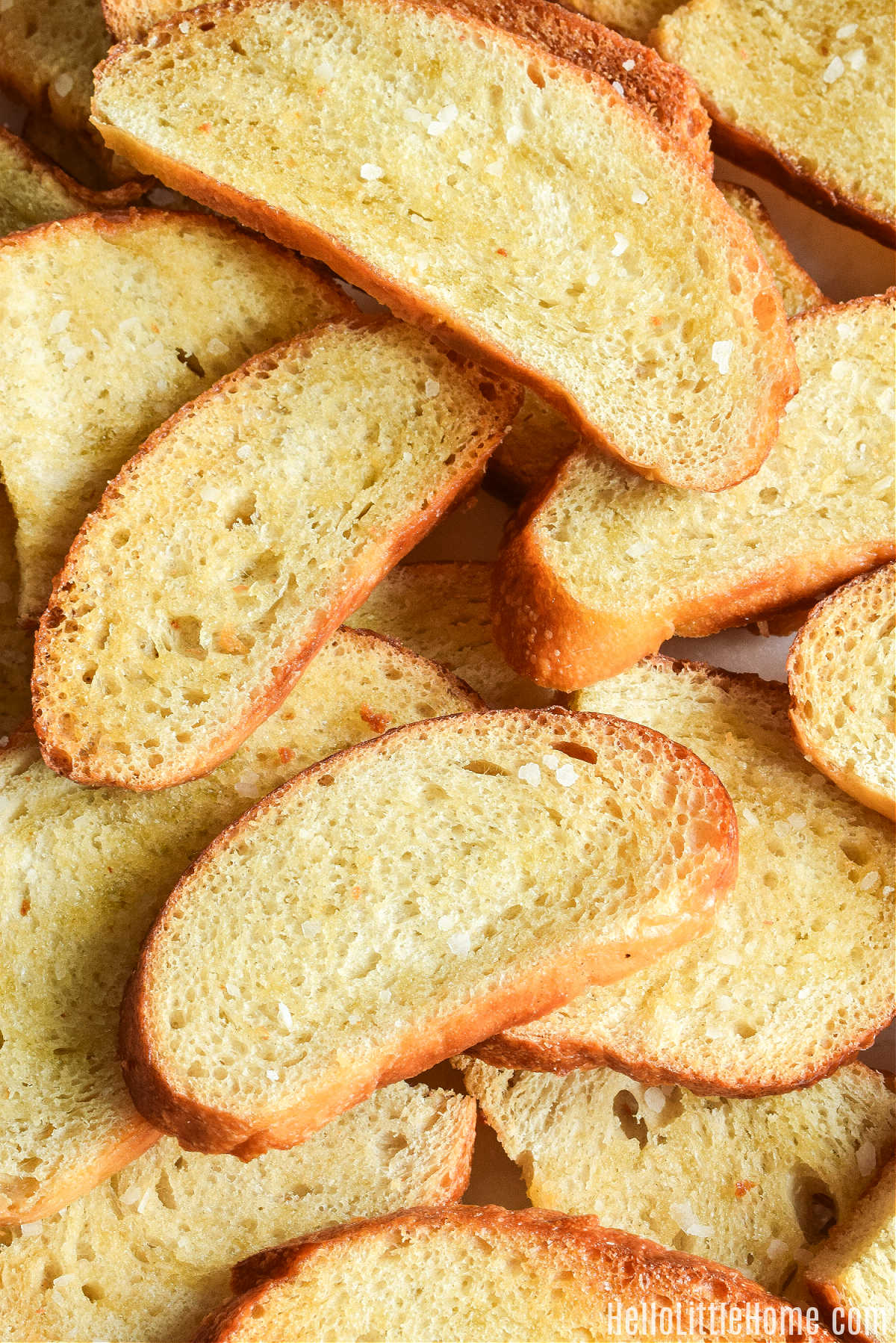 A closeup of the finished Sourdough Bread Crostini.
