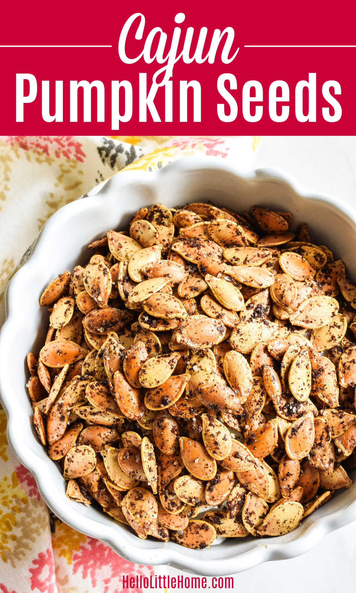 The Cajun Pumpkin Seeds recipe served in a white bowl with a napkin.