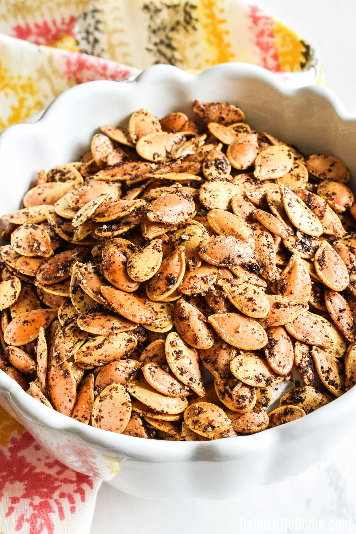 The Oven Roasted Pumpkin Seeds and a patterned napkin served on a marble counter.