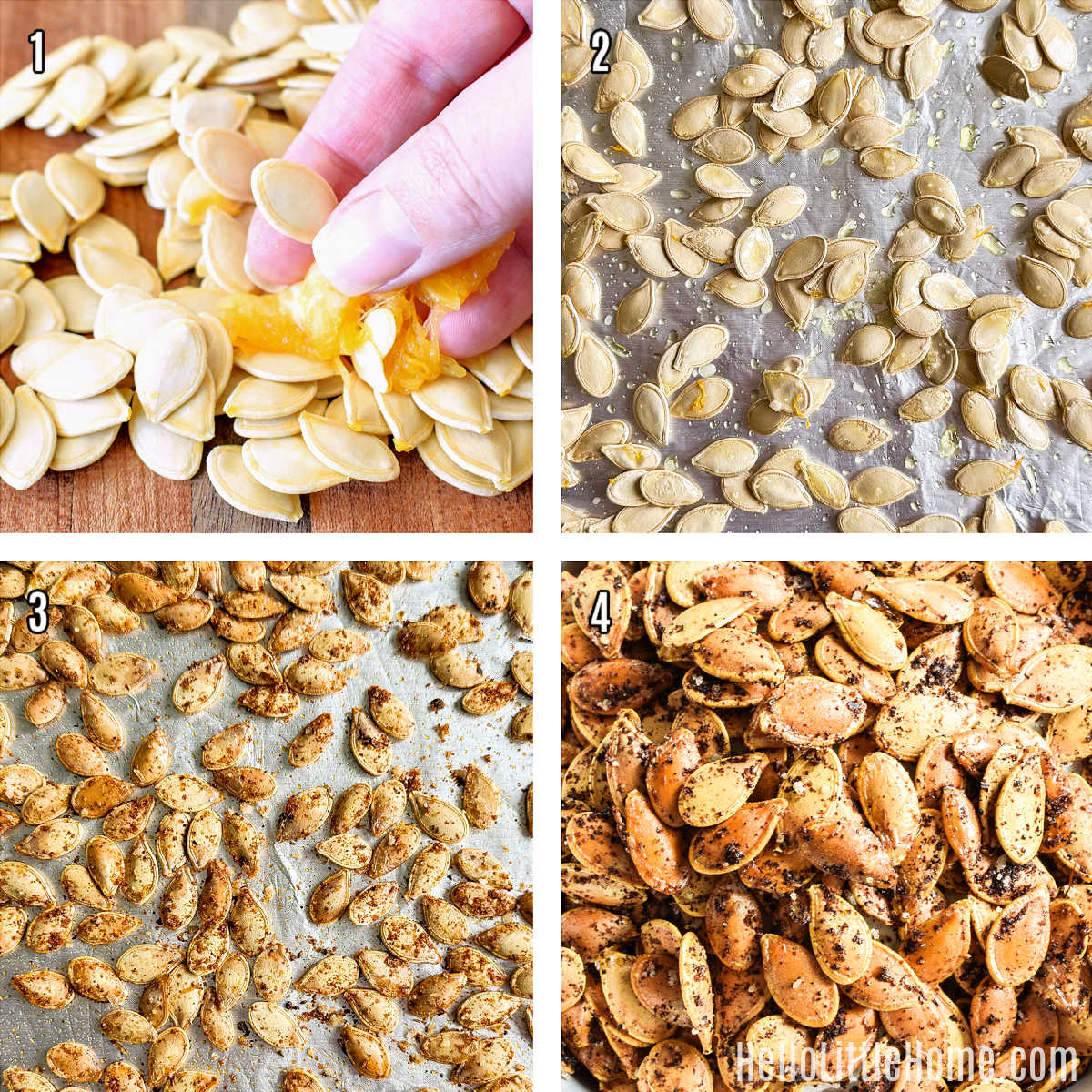A photo collage showing how to make Cajun Pumpkin Seeds step by step.