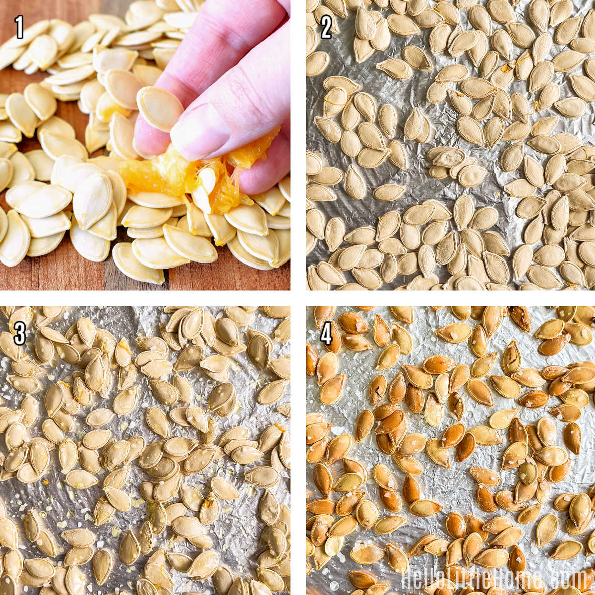A photo collage showing how to make Salted Pumpkin Seeds step by step.