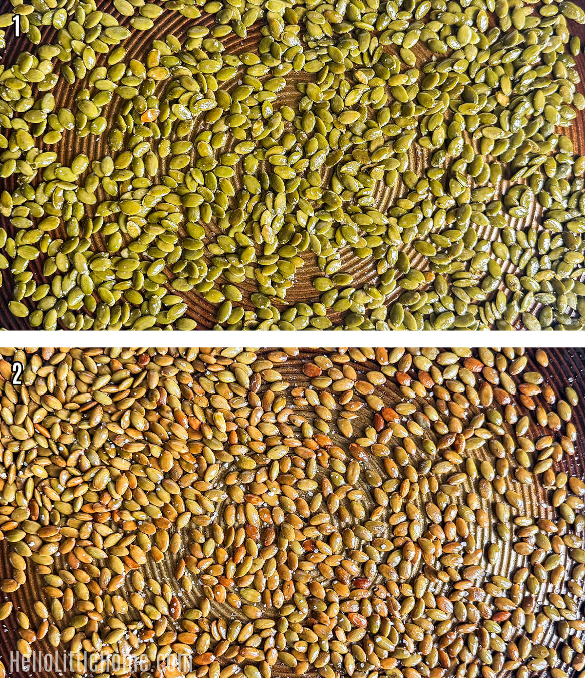 A photo collage showing how to roast pepita seeds.