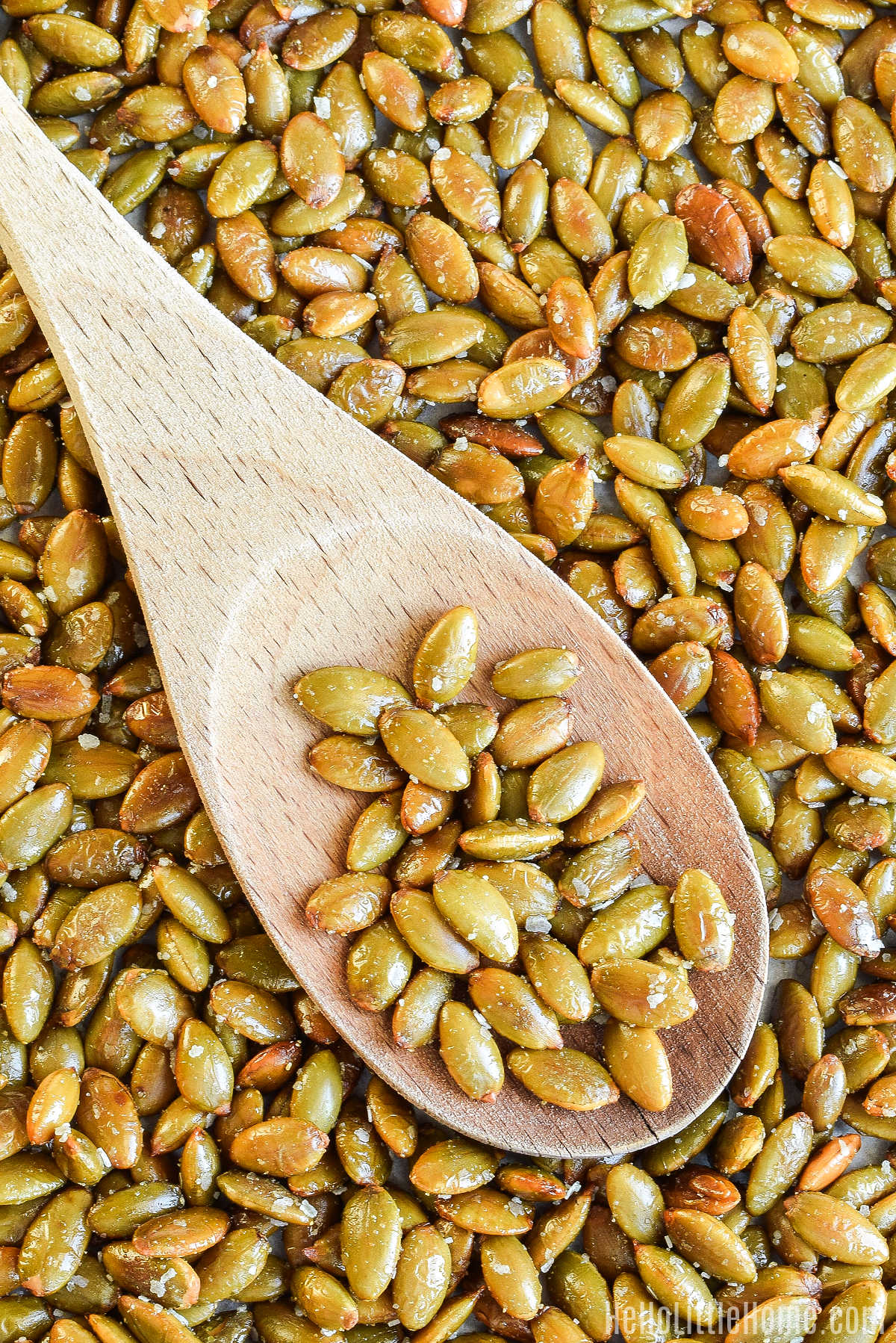 A wood spoon stirring a tray of the oven roasted seeds.