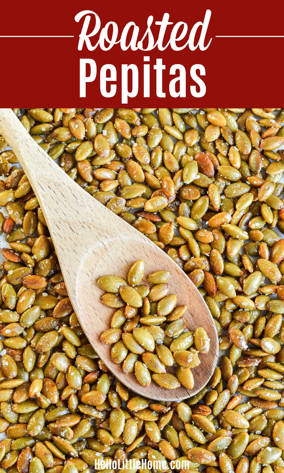 Roasted Pepitas and a wood spoon on a baking sheet.