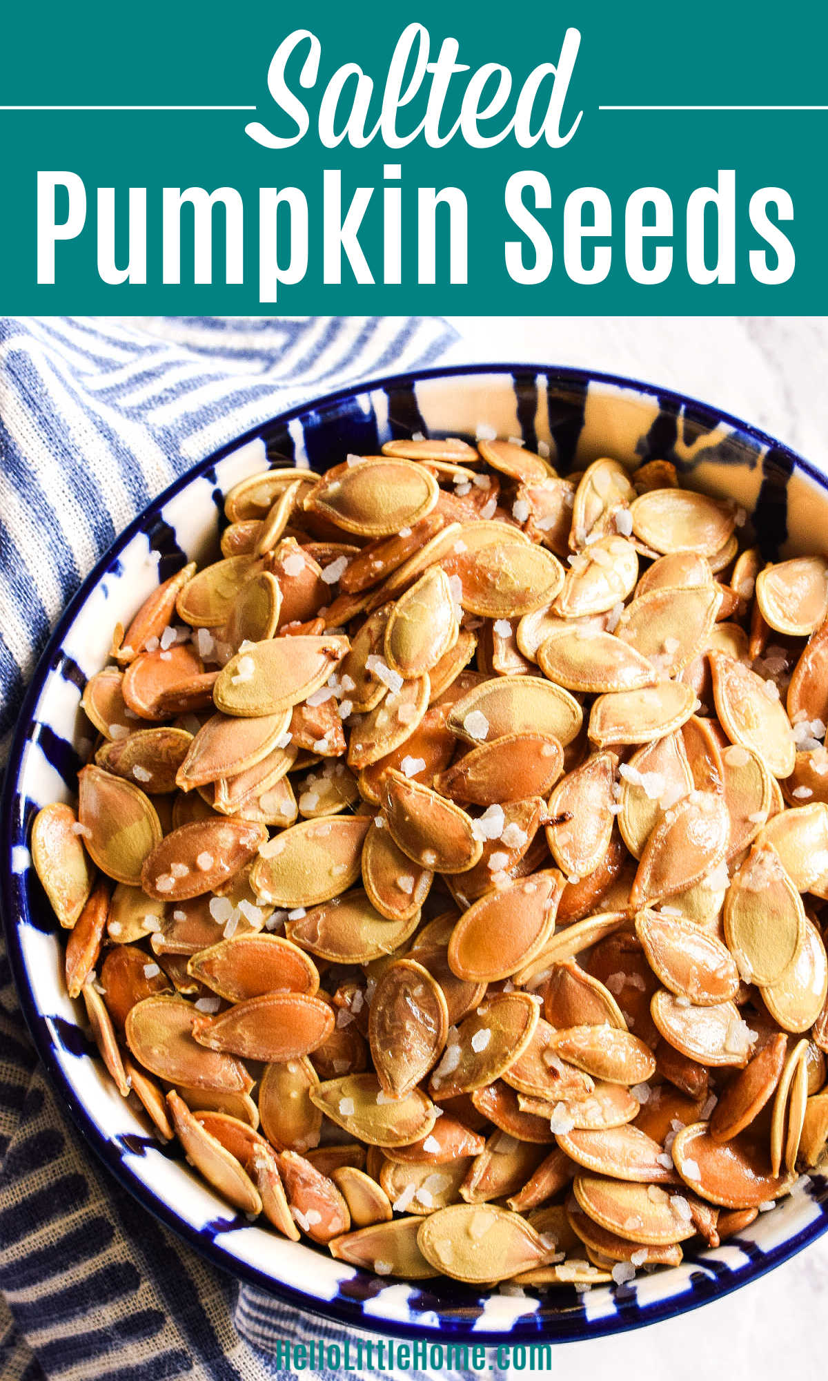 The Salted Pumpkin Seeds recipe served in a bowl with a striped napkin.